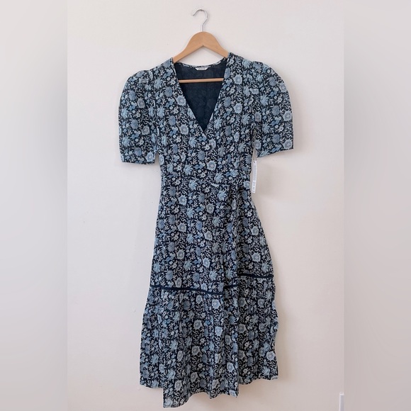 St Roche Pearl Dress Size 2 Blue Floral Short Wrap Midi Short Sleeves V neck New - Picture 1 of 11